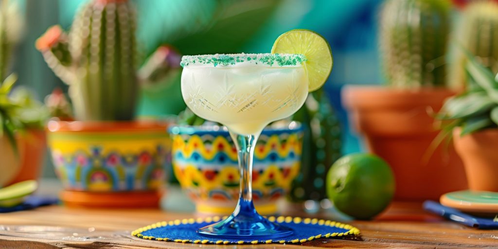 Close up of a Cinco de Mayo cocktail on a colourful table dressed for festivities