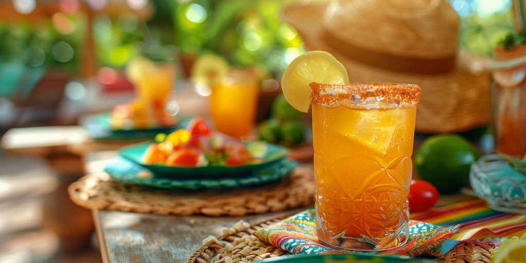 Close up of a Cinco de Mayo cocktail on a colourful table dressed for festivities