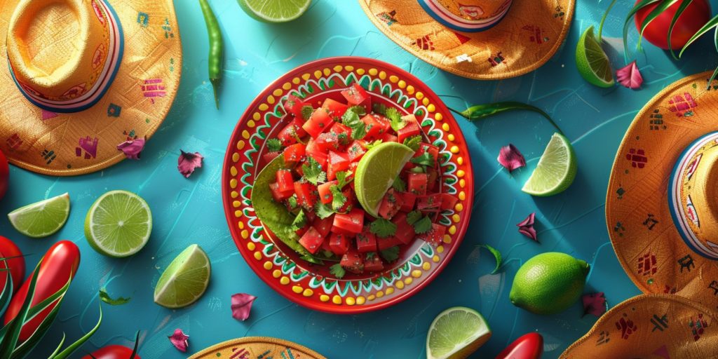 Top view of Cinco de Mayo snacks and decorations on a blue surface