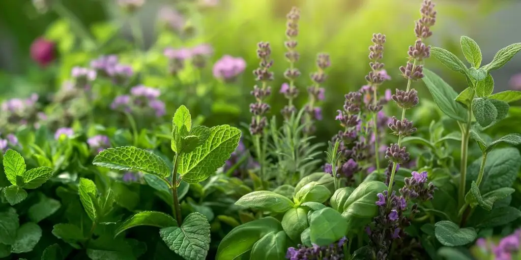 Close up view of a variety of cocktail herbs in a garden in the early morning