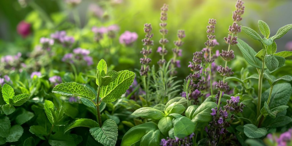 Close up view of a variety of cocktail herbs in a garden in the early morning