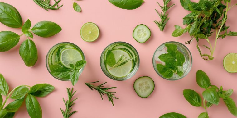 Top view of three cocktails with herbs on a pink surface, surrounded by sprigs of fresh herbs in shades of green
