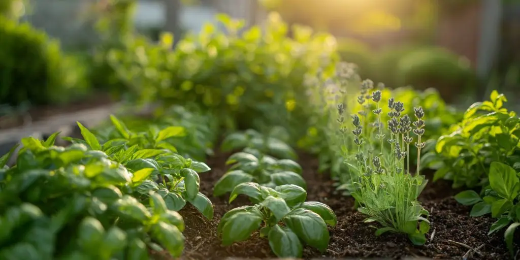 Close up view of a variety of cocktail herbs growing in neat rows in a herb garden in the early morning