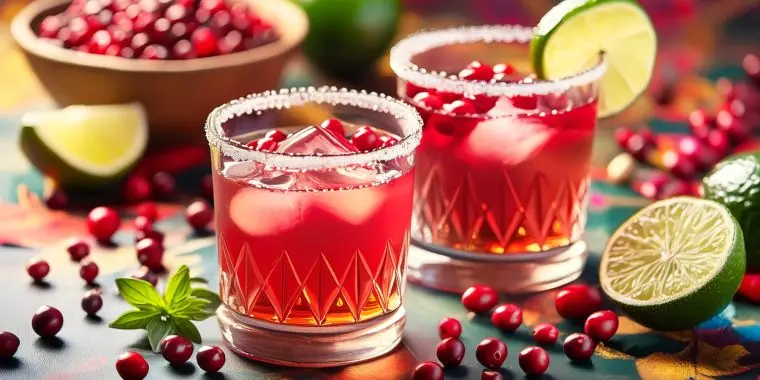 Two Cranberry Paloma Cinco de Mayo cocktails with lime and cranberry garnish