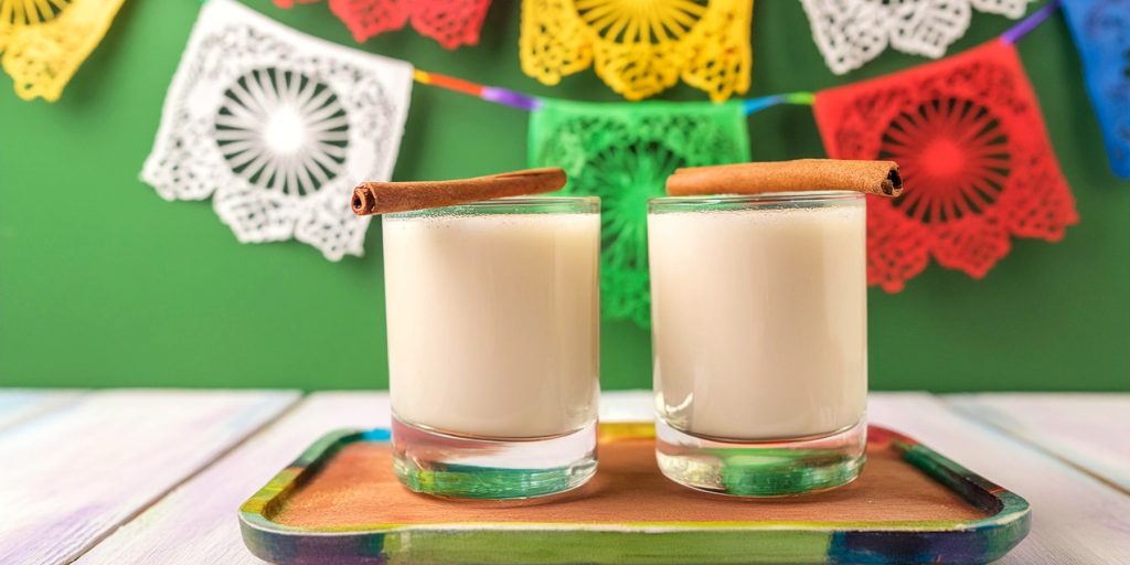Two creamy white Horchata cocktails with cinnamon garnish for Cinco de Mayo
