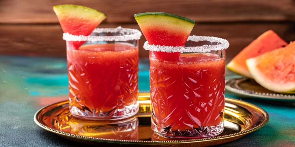 Close up of two Watermelon Daiquiri cocktails with watermelon wedge garnish