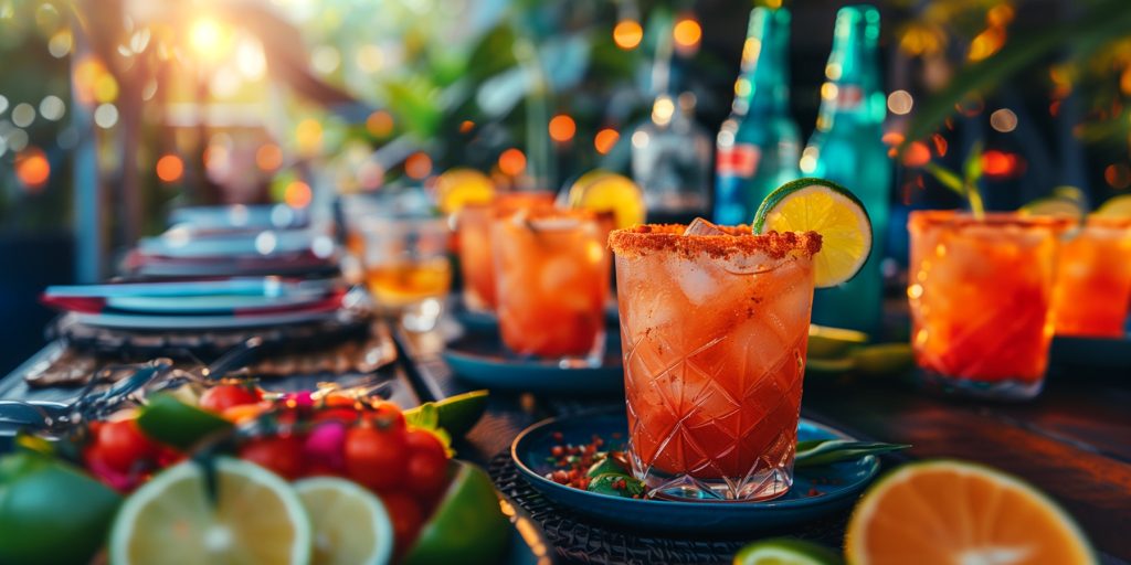Colorful Cinco de Mayo party table with spicy tequila cocktails