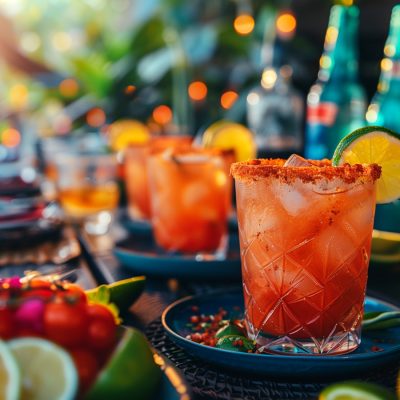 Colorful Cinco de Mayo party table with spicy tequila cocktails