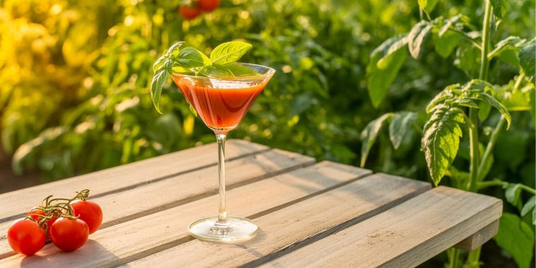 Close up of a Tomato Martini outside on a wooden table overlooking a vegetable garden at dusk