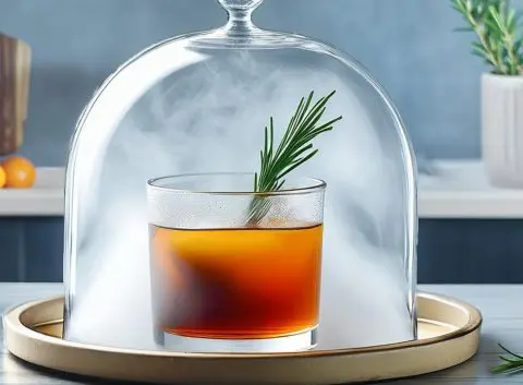An Old Fashioned smoked bourbon cocktail being infused with smoke inside a glass cloche