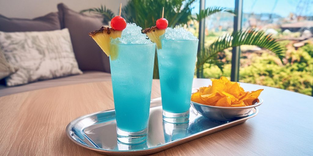 Two Frozen Blue Hawaiian cocktails with maraschino cherry and pineapple wedge garnish