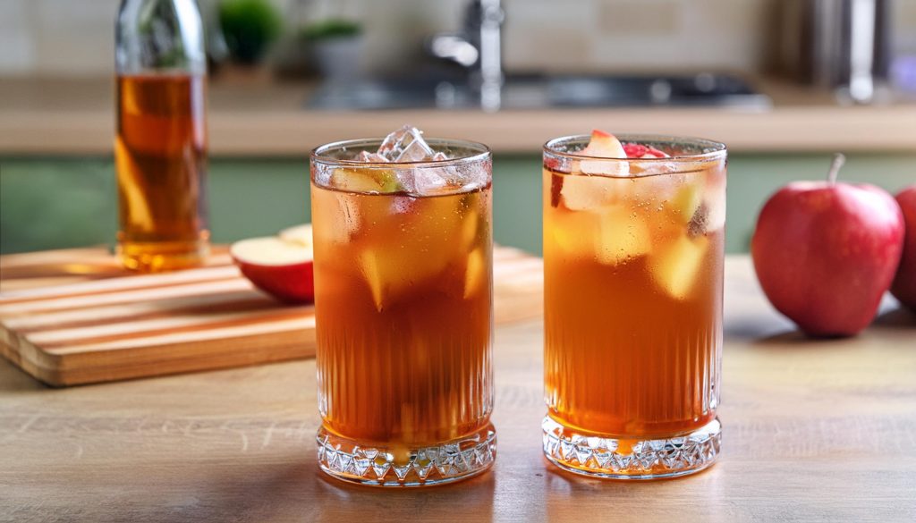 Two Apple Cider Bourbon cocktails on a counter in a modern home kitchen