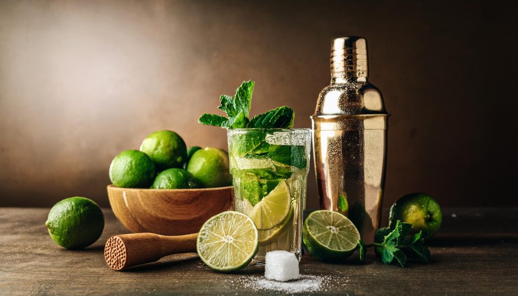 A muddled Mojito cocktail with a sugar cube, bowl of limes, fresh mint and a cocktail shaker