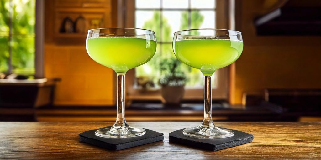 Two vivid green Good Word cocktails served in coupe glasses on top of black coasters