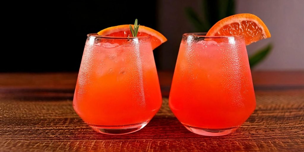Two vibrant orange-red Desert Paloma cocktails served in stemless glasses, garnished with grapefruit wedges and a sprig of rosemary, placed on a wooden table with a dark background