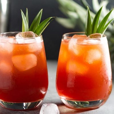 Two reddish amber Jungle Bird cocktails with pineapple frond garnish