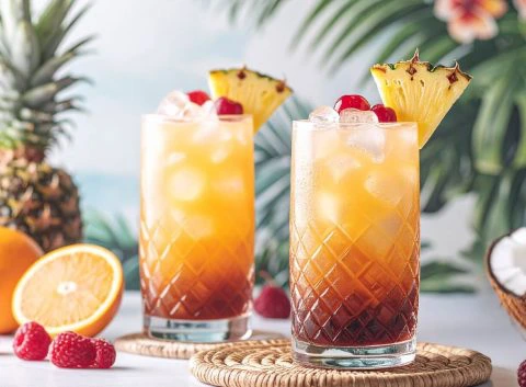 Two Mai Tai cocktails garnished with fresh pineapple wedges and cherries