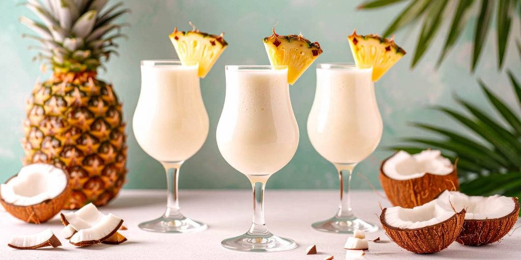 Three creamy Piña Coladas with pineapple garnish, halved coconuts to the side