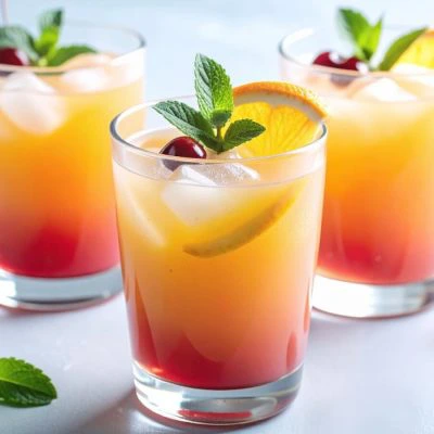 Slight overhead shot of three vibrant Rum Punch tropical drinks with fresh orange, mint and cherry garnish