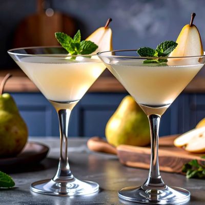 Two Pear Martinis with sliced pear and mint garnish