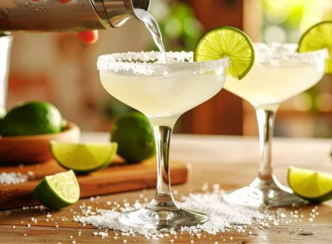 Front view of a two Margarita cocktails being poured in a light bright home kitchen on National Tequila Day