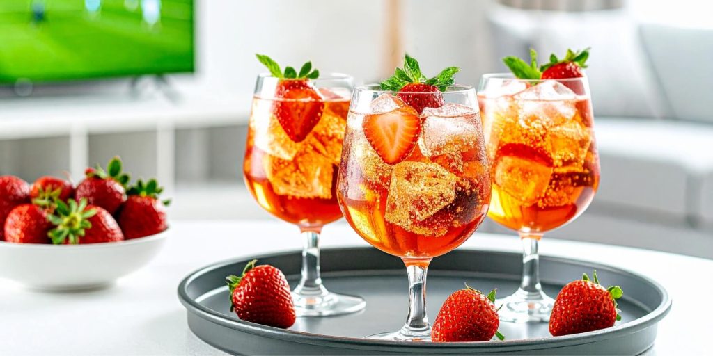 Close-up of three Strawberry Negroni Wimbledon cocktails with a tennis match on a TV in the background