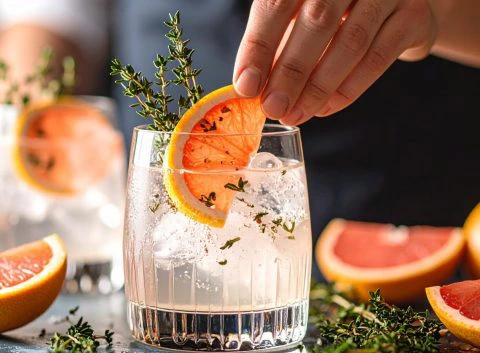 Close-up of a hand garnishing a G&T with a slice of halved grapefruit