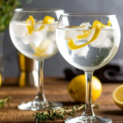 Close-up of two Gin and Tonic cocktails with lemon peel garnish
