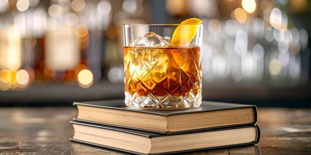 Close up of an Old Fashioned on top of a stack of books