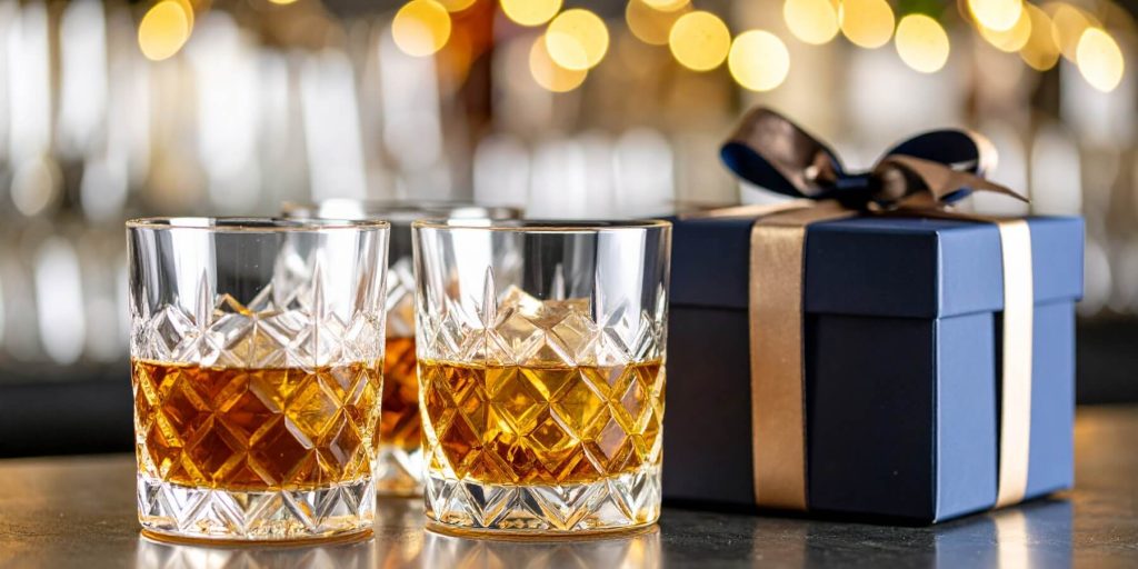 Three crystal bourbon glasses next to a navy blue gift box on a bar counter