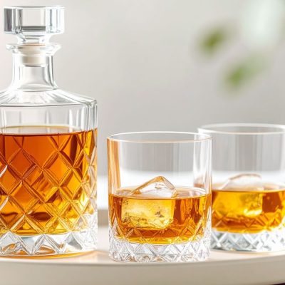 Two bourbon glasses next to a decanter on a tray