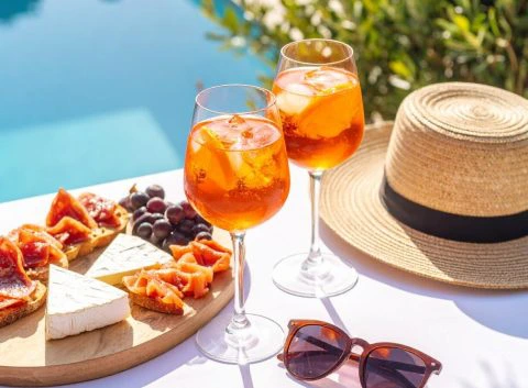 poolside cocktails with cheese board, hat and sunglasses