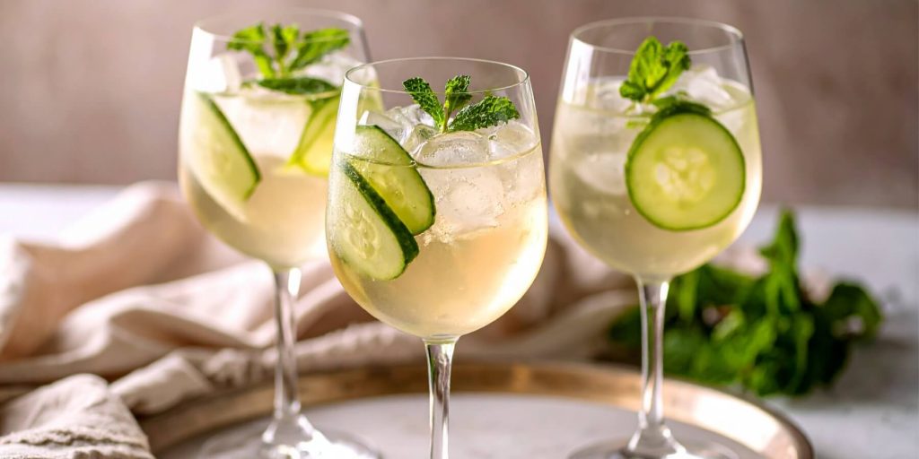 three spritz cocktails with cucumber slices on a silver tray