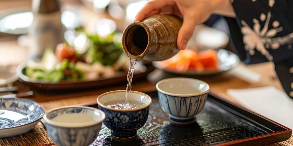 Close-up of a hand pouring sake into a traditional Japanese clay cup