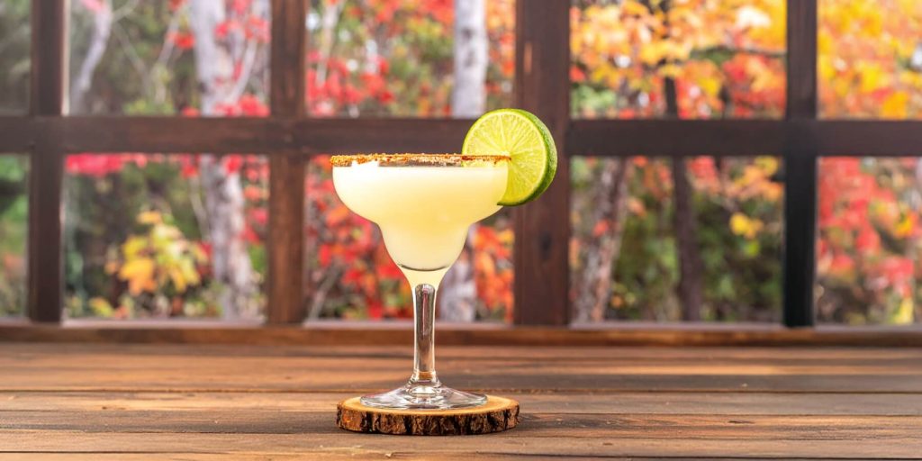 aple Margarita in a margarita glass with a spiced rim and lime wheel garnish, set against a rustic autumn backdrop with blurred maple leaves.