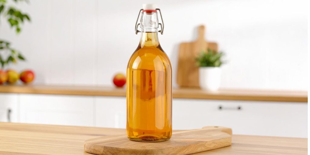 A clear glass bottle filled with golden maple syrup, placed on a wooden board in a bright kitchen with apples in the background.