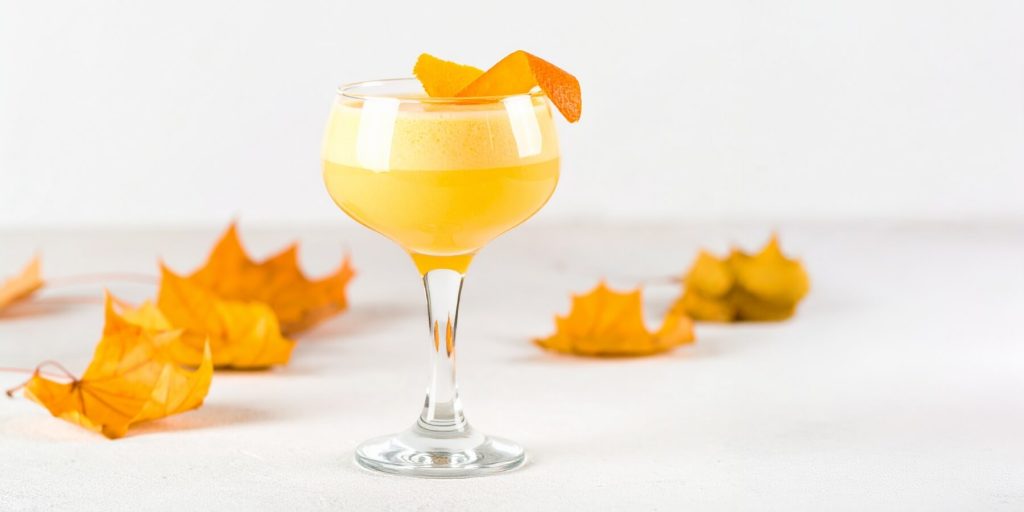 Old Vermont cocktail in a coupe glass, featuring a rich amber-orange hue, set against a warm, moody background.