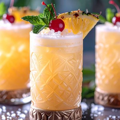 Three Falernum cocktails with mint, cherry and pineapple garnish