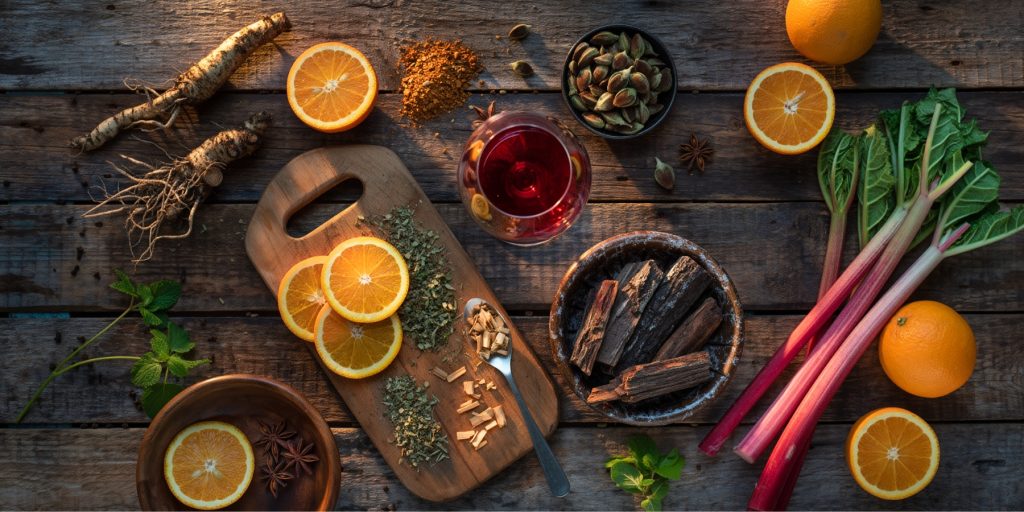 A table and chopping board with spices, herbs and orange slices plus a glass of Campari