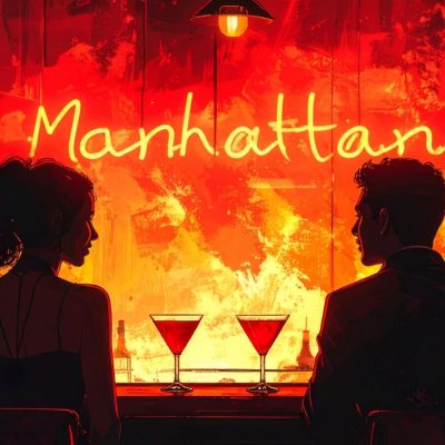 A woman and man at a bar counter drinking Martinis with a Manhattan neon sign in front of them