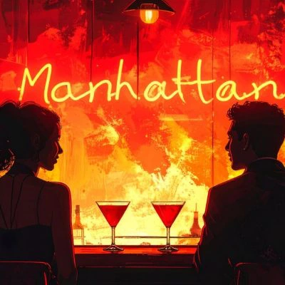 A woman and man at a bar counter drinking Martinis with a Manhattan neon sign in front of them