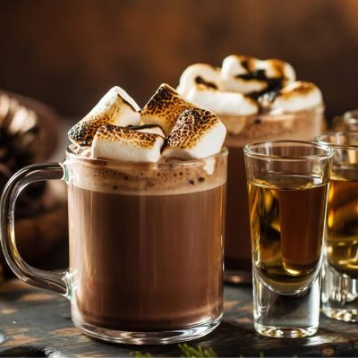 Two glass mugs of tequila hot chocolate with tequila shots