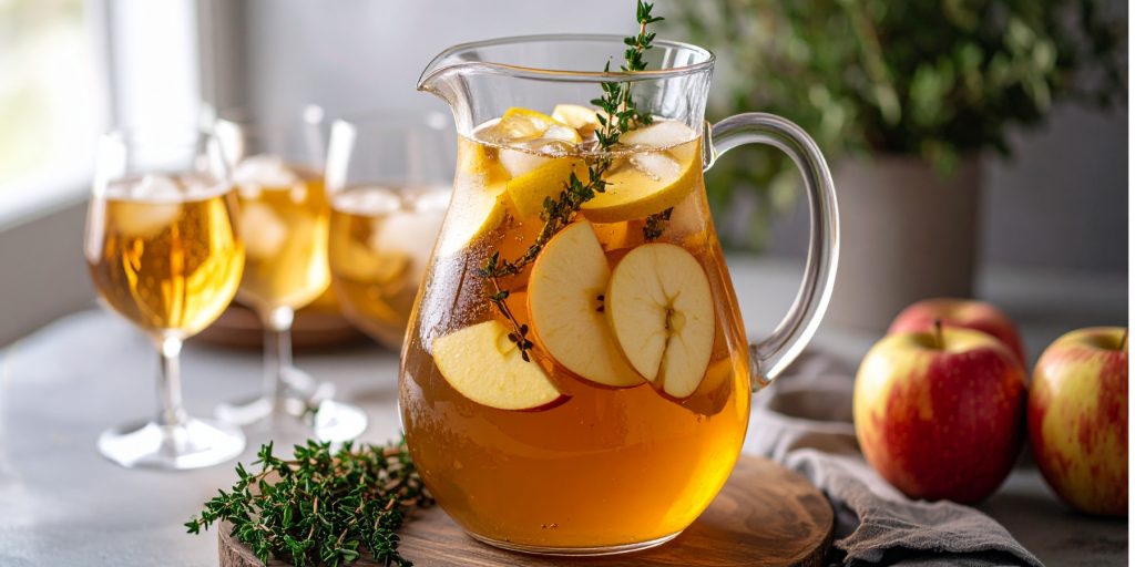 A glass pitcher of Thanksgiving batch cocktail Apple Cider Bourbon Punch, filled with ice, sliced apples, and sprigs of thyme. In the background are glasses of punch and fresh apples on a cozy indoor table.