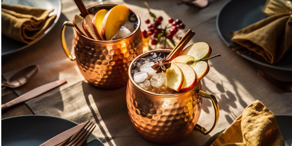Copper mugs filled with a Thanksgiving batch cocktail of Apple and Cinnamon Mule, garnished with ice, fresh apple slices, cinnamon sticks, and star anise, set on a harvest-themed table with golden napkins and warm lighting.
