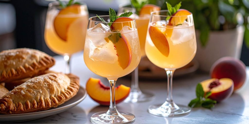 Four vibrant Argentinian cocktails of Clericó Cocktail served in stemmed glasses, each garnished with fresh peach slices and mint sprigs. They’re placed next to golden hand pies on a white counter, with peaches and mint in the background.
