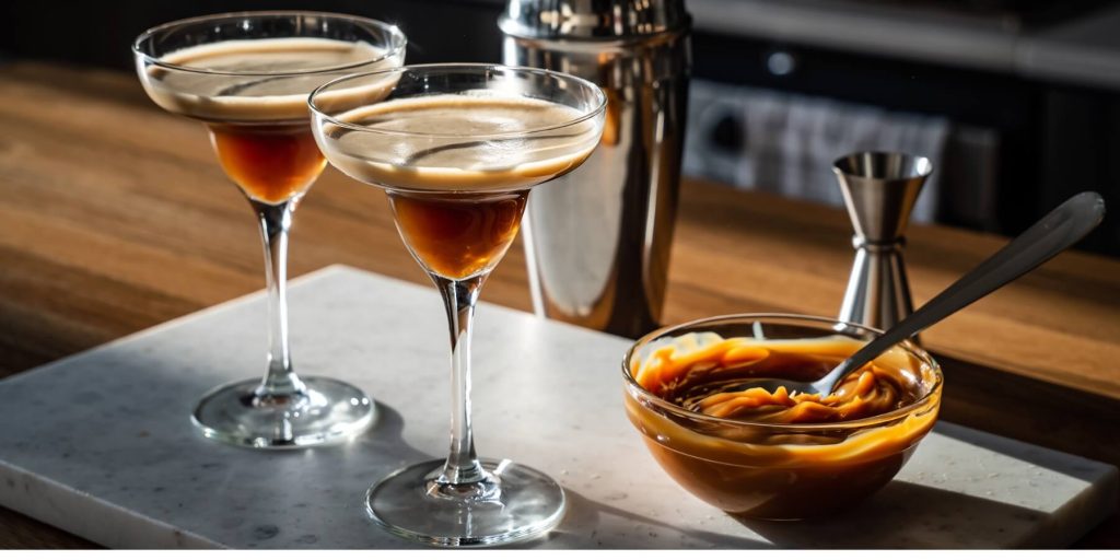 Two Dulce de Leche Espresso Martini Argentinian cocktails served in elegant martini glasses, with a bowl of caramel sauce beside them on a marble slab. A cocktail shaker and jigger sit in the background.