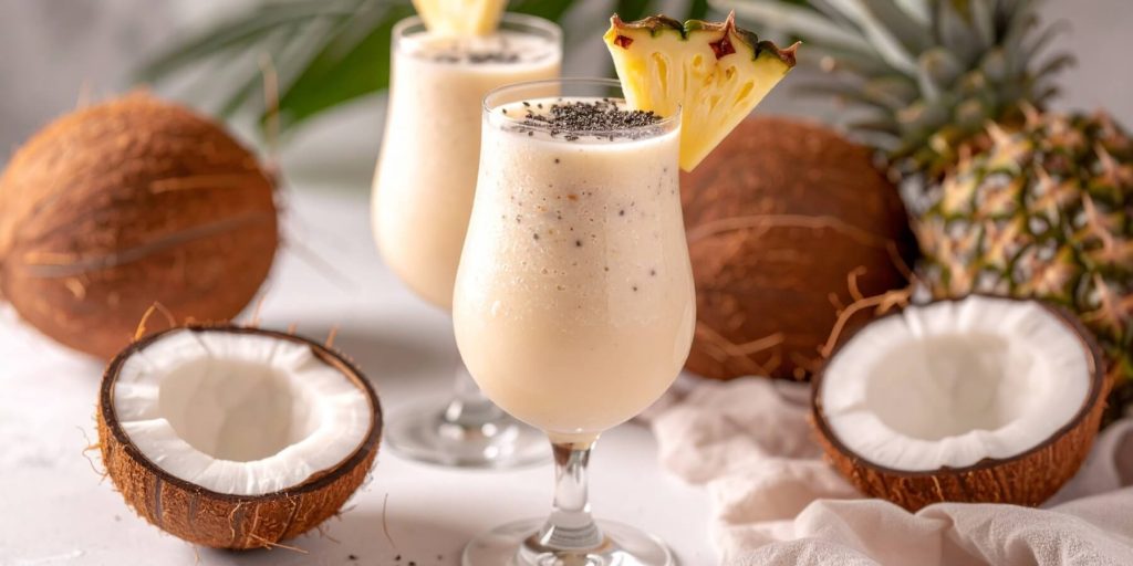 Two creamy Pina Colada cocktails in hurricane glasses, topped with black sesame seeds and pineapple wedges. Surrounded by coconuts and a pineapple, highlighting the tropical ingredients.