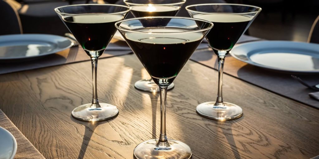 Five Black Widow cocktails in martini glasses, filled with an opaque dark liquid. The table is set for dinner, creating a moody, elegant scene.
