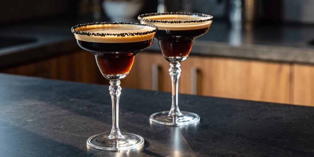 Two Espresso Martinis in wide-rimmed coupe glasses, with dark liquid and creamy foam. The rims are coated in black sesame seeds, adding a dramatic visual and textural element.