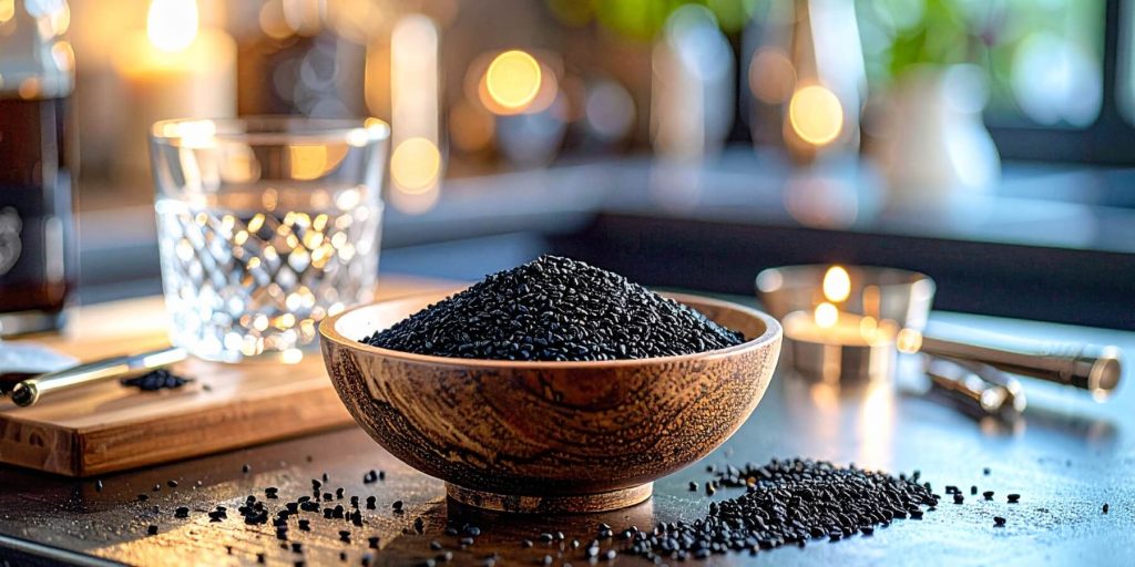 A wooden bowl overflowing with glossy black sesame seeds, surrounded by cocktail tools and warm lighting, suggesting the seeds’ use in drink-making.
